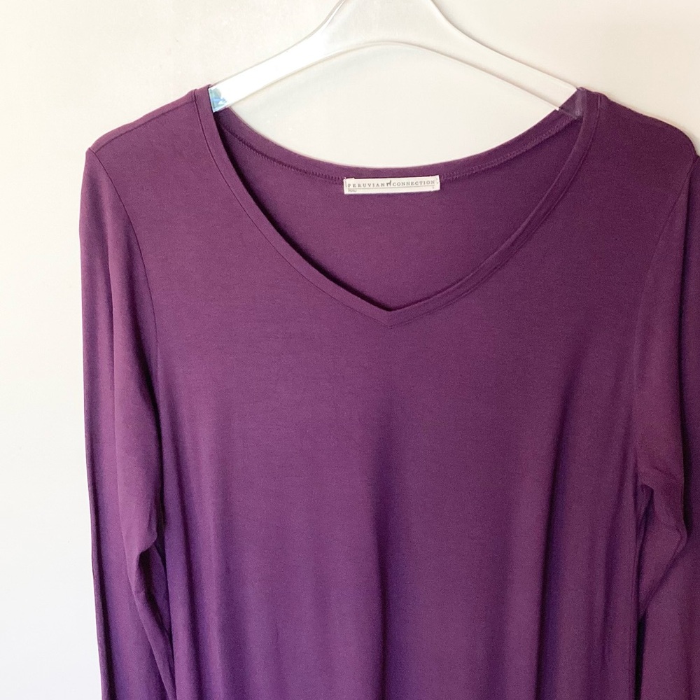 Peruvian Connection Long Sleeve V-Neck Stretch Jersey Dress - Purple - L - Picture 3 of 7